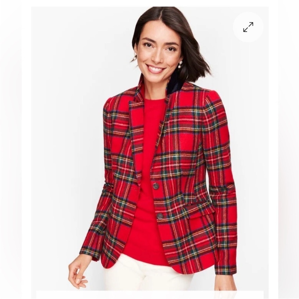 NWT Talbots red green tartan holiday plaid wool blend blazer jacket 16